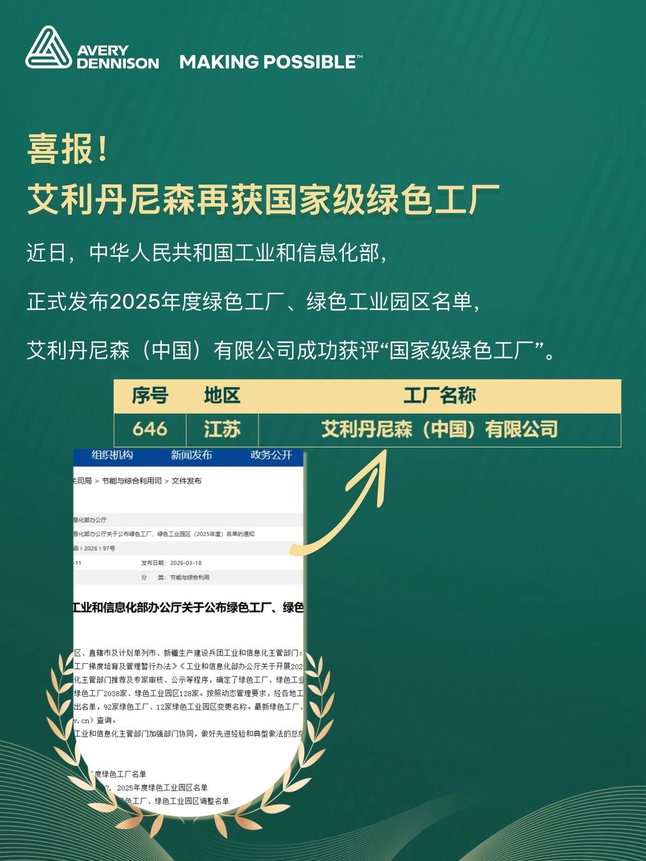 喜报！艾利丹尼森再获国家级绿色工厂